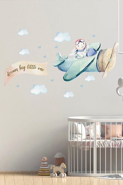 Sim Tasarım Cute Pilot Airplane Wall Sticker Set