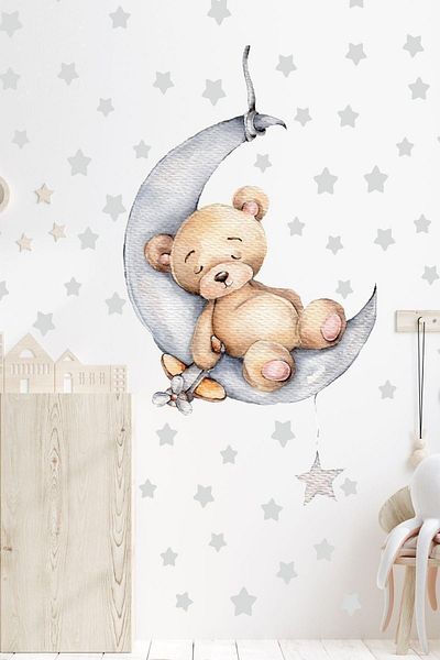 Sim Tasarım Cute Teddy Bear Sleeping on the Moon and Gray Stars Kids Baby Room Sticker Set