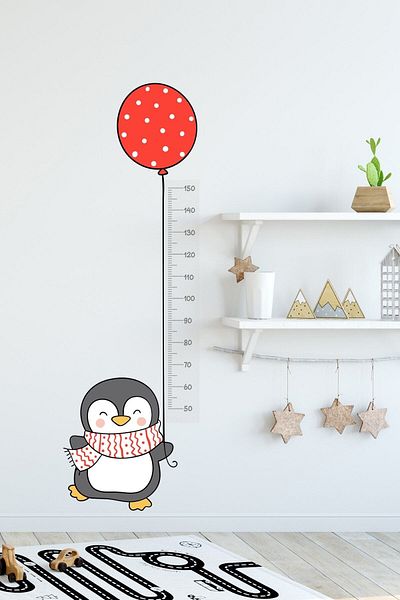 Sim Tasarım Red Balloon Penguin Height Gauge Wall Sticker