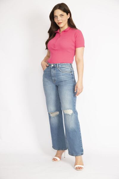 Şans Blugi de damă, albaștri, mărimi mari, cu detalii rupte 65n36267