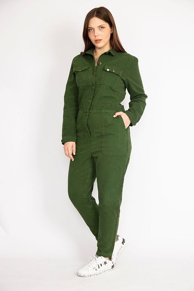 Şans Women's Green Large Size Front Buttoned Gabardine Jumpsuit 65n36260