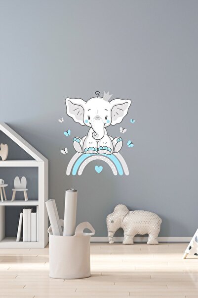 Sim Tasarım Blue Color Cute Elephant And Rainbow Wall Sticker Set