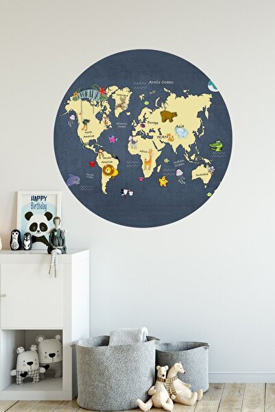 Sim Tasarım World Map Round Model Animal Kingdom Wall Sticker Sim-61