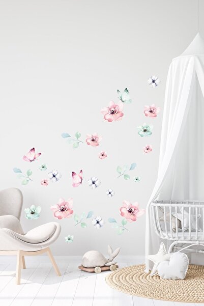 Sim Tasarım - Sm196- مجموعة ملصقات حائط على شكل زهور وفراشات طائرة ذات ألوان ...