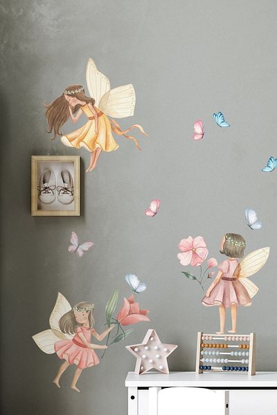 Sim Tasarım Sim375 Soft Color Flower Fairies And Butterflies Children's Room Wall Sticker Set
