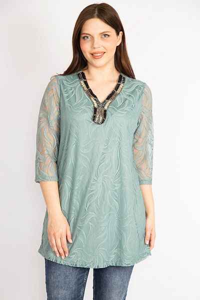 Şans Grüne Damen-Bluse mit Kragen in Übergröße, mit Perlen und Steinen bestickt, gefütterte Spitzenbluse 65n36236