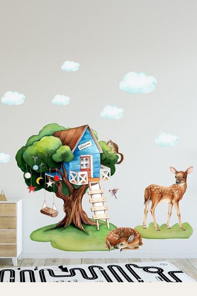 Sim Tasarım Ceylanlı Ağaç Ev Çocuk Oyun Odası Duvar Sticker Seti - Sim781