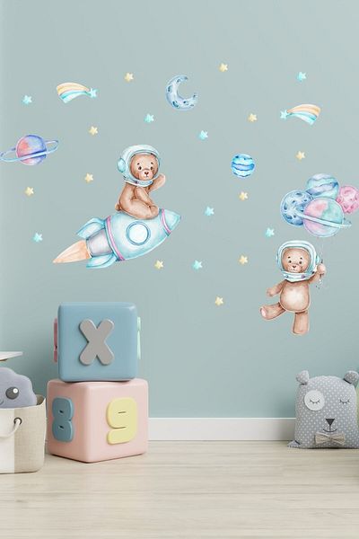 Sim Tasarım Sim376 Astronaut Bears And Planets Space Theme Kids Room Wall Sticker Set