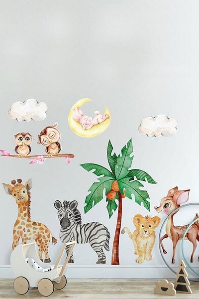 Sim Tasarım Cute Baby Animals Roommates Kids Room Wall Sticker Set