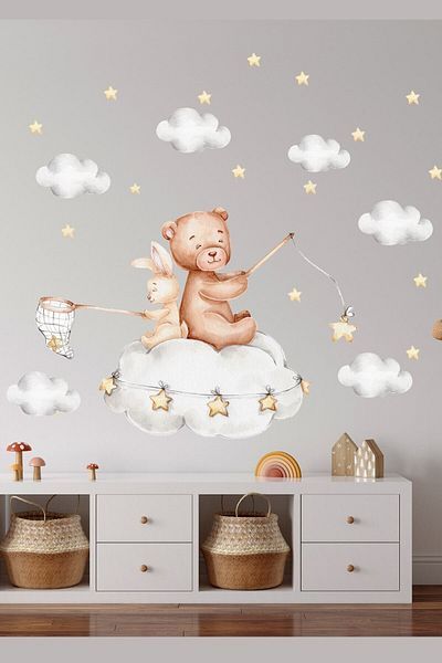 Sim Tasarım Rabbit And Teddy Bear Star Collecting Game Wall Sticker Set