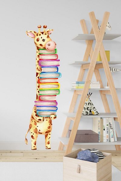 Sim Tasarım Book Loving Giraffe Facing Right Children's Room Wall Sticker - Sim666