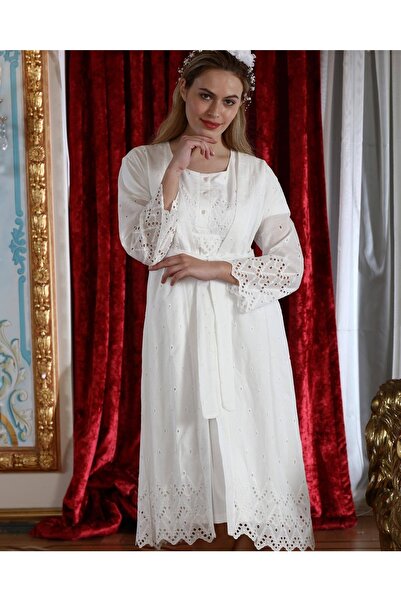 BLACKMORE Kadın Ekru Desenli Keten Sabahlıklı Pamuklu Lohusa Hamile Sabahlık,...