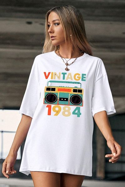AMMA Γυναικείο κοντομάνικο μπλουζάκι Oversize Vintage 1984 με στάμπα με λαιμόκοψη