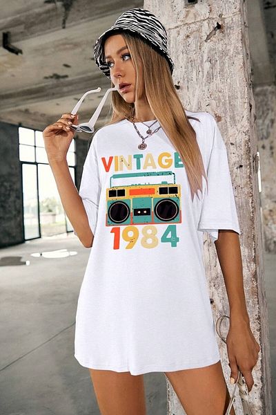 AMMA Γυναικείο κοντομάνικο μπλουζάκι Oversize Vintage 1984 με στάμπα με λαιμόκοψη