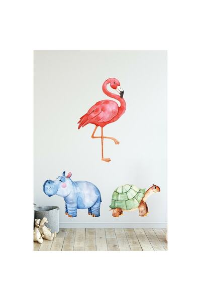 Sim Tasarım ملصق حائط لغرفة الأطفال من Dreamwallart Flamingo and Friends ملون