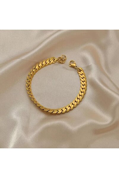ESJ Paslanmaz Çelik Yassı Küba Tarzı Unisex Bileklik 8 Mm 20 5 Cm Gold 012