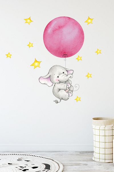 Sim Tasarım Cute Elephant Wall Sticker Set with Pink Balloons