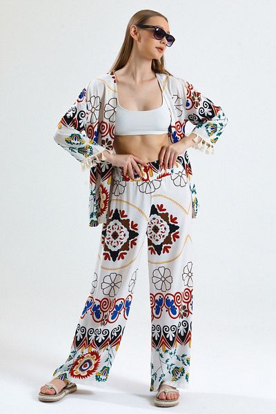 MD trend Women's Ecru Floral Patterned Wide Leg Linen Trousers Kimono Set