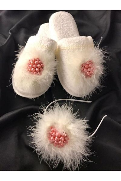 SÜSLÜTASARIM Feathered Pearl Maternity Slippers Crown Set 1083 – Maternity Set – Maternity Set
