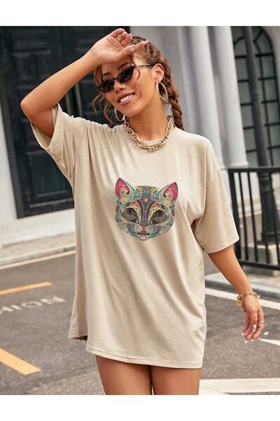 FAVORİST تي شيرت للجنسين بطبعة قطة ملونة كبيرة الحجم