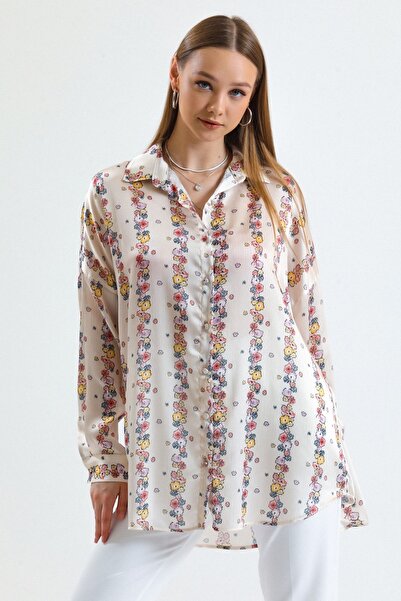 MD trend Дамска огромна лятна сатенена риза с шарени розови цветя