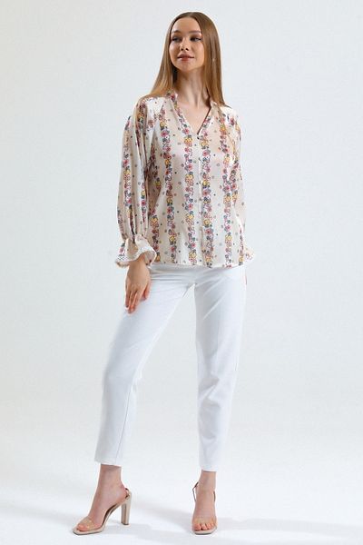 MD trend Women's Dusty Rose V-Neck Ornamental Buttoned Flounce Sleeve Floral Patterned Summer Satin Blouse