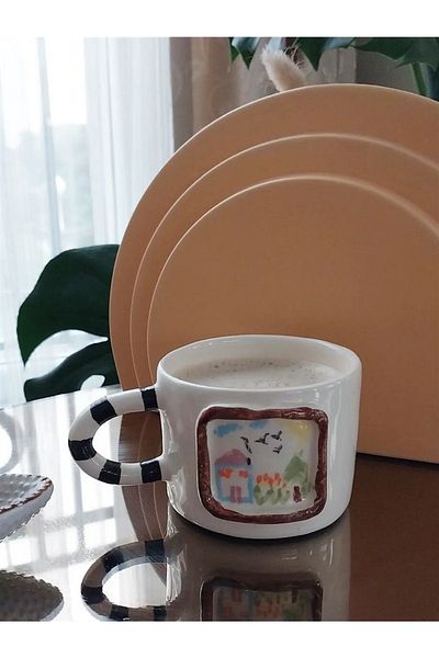 Planet Butik كوب سيراميك مع رسم منزل وطيور صناعة يدوية
