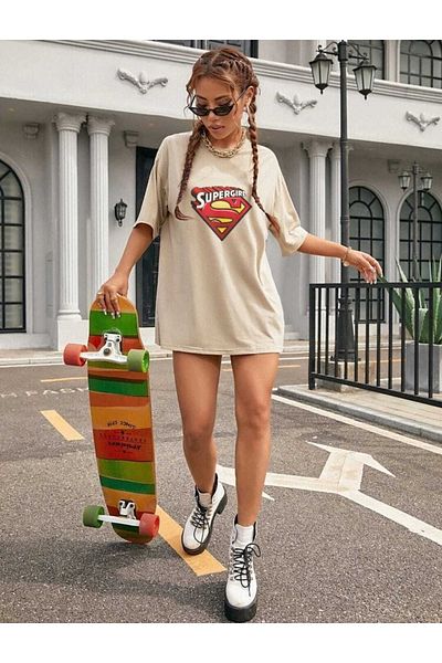 FAVORİST Μπλουζάκι Unisex με στάμπα Oversize Super Girl