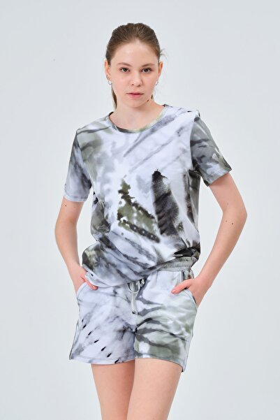 Asena Mila Bel Bağlamalı Günlük Plaj Spor Örme Batik Desent-shirt&amp;şort Takım