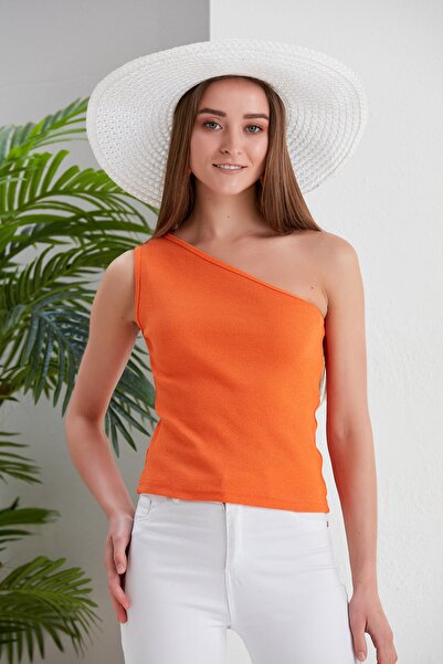 CATSPY Turuncu Crop Tek Omuz Detaylı Kaşkorse Bluz
