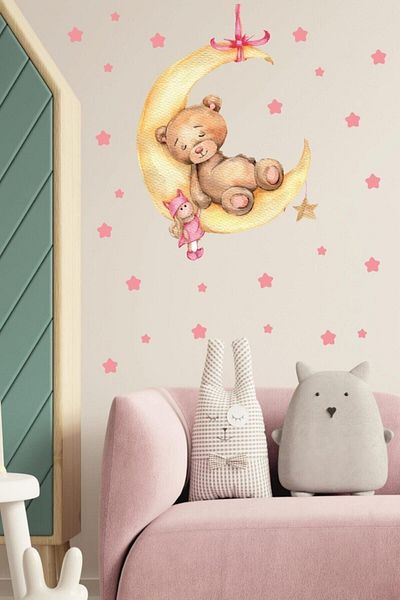 Sim Tasarım Cute Teddy Bear Sleeping on the Moon and Pink Stars Sticker Set