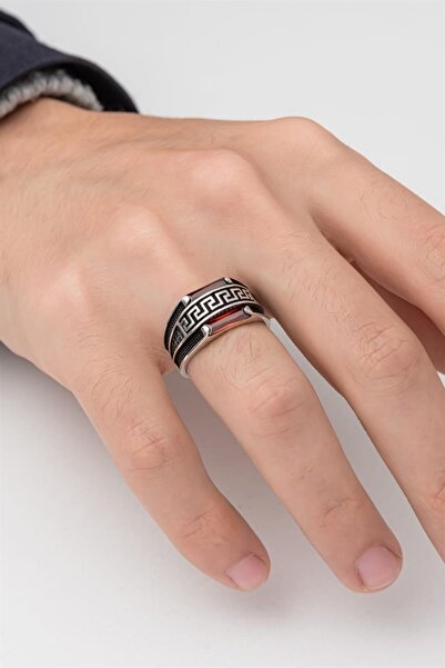 GT Gümüş Tezgahı Greg Desenli Çift Sıra Baget Kırmızı Taşlı 925 Ayar Gümüş Er...