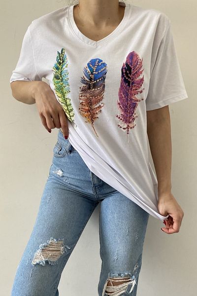 FEMELLE Tricou alb pentru femei, cu decolteu în V, cu model de pene, brodat cu paiete, 100% bumbac