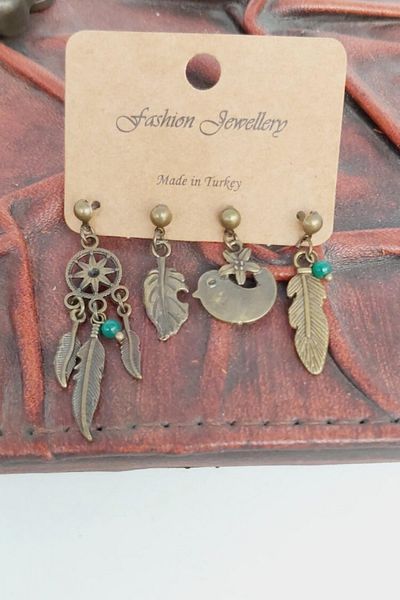 AKIN AKSESUAR HEDİYELİK Set of 4 Authentic Earrings with Dream Catcher Leaf and Bird Figures