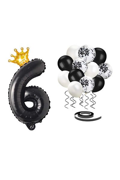 Patladı Gitti 6 Number Black Foil Balloon, King's Crown and Black Balloon Set with Confetti