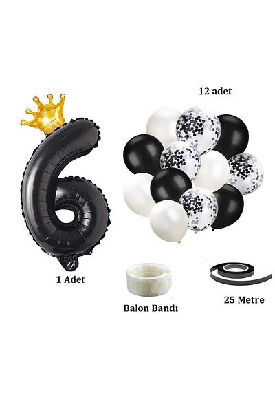 Patladı Gitti 6 Number Black Foil Balloon, King's Crown and Black Balloon Set with Confetti