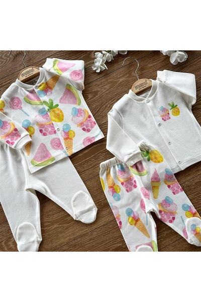PATSAN Organik Pamuk 4'lü Bebek Alt Üst Patikli Pijama Takım Cupcake