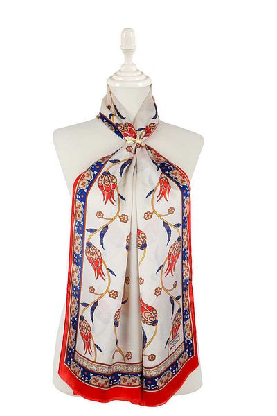 Bursa İpek Navy Blue Red Row Tulip Silk Scarf