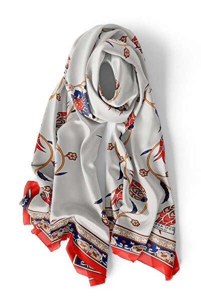 Bursa İpek Navy Blue Red Row Tulip Silk Scarf