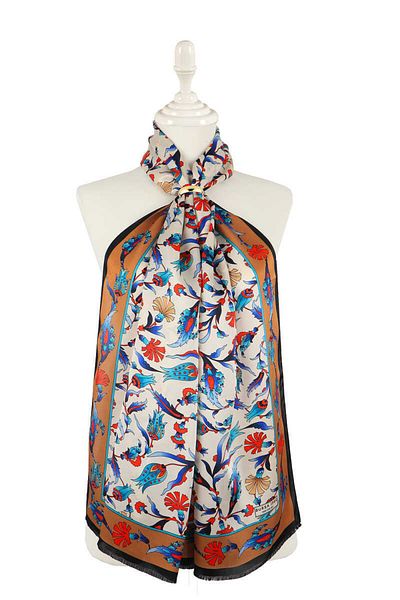 Bursa İpek Tan Black Carnation Tulip Silk Scarf