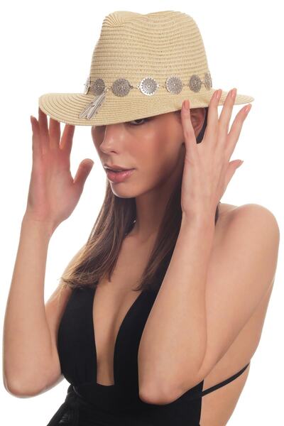 LABALABA Women's Antique Silver Plated Metal Belt Detailed Original Design Beige Color Straw Hat