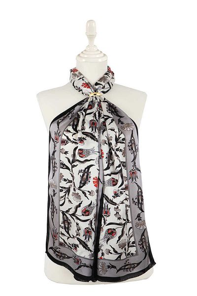 Bursa İpek Gray Black Carnation Tulip Silk Scarf