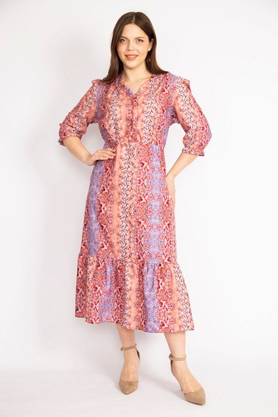 Şans Tekstil Women's Colorful Collar Ruffled Front Placket Decorative Buttoned Waist and Sleeve Rubber Detailed Dress 26a36253