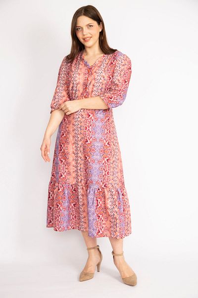 Şans Tekstil Women's Colorful Collar Ruffled Front Placket Decorative Buttoned Waist and Sleeve Rubber Detailed Dress 26a36253