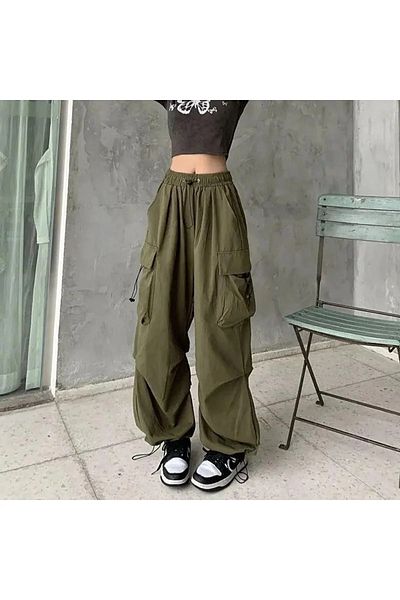 Gofeel Χακί Χρώμα Tactical Cargo Pocket Elastic Loose Fit Φαρδύ παντελόνι Oversize