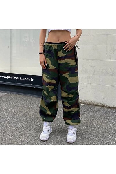 Gofeel Yeşil Renkli Tactical Kamuflaj Lastikli Bol Kalıp Baggy Oversize Pantolon