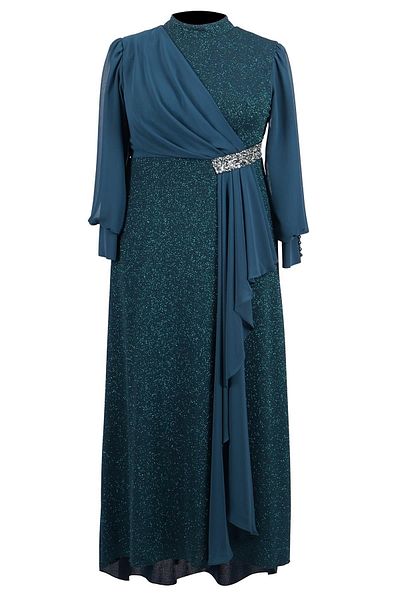 SpringStore فستان سهرة لامع بأكمام طويلة مزين بأحجار الزمرد