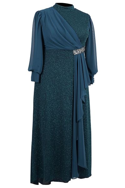 SpringStore فستان سهرة لامع بأكمام طويلة مزين بأحجار الزمرد