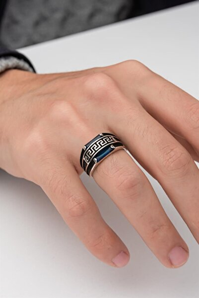 GT Gümüş Tezgahı Greg Desenli Çift Sıra Baget Taşlı 925 Ayar Gümüş Erkek Yüzük