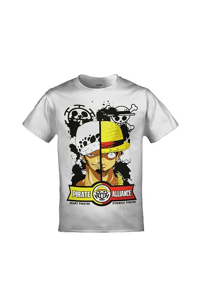 Orijin Tekstil One Piece Pirate Alliance Heart Pirates Strawhat Pirates Μπροστά πίσω με στάμπα Unisex Λευκό μπλουζάκι